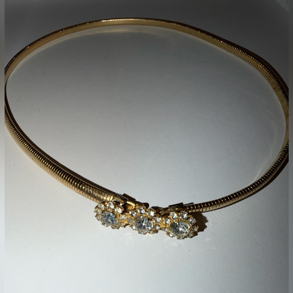 Vtg Gold-Tone Stretch Snake Thin Belt With Delicate Rhinestone Front